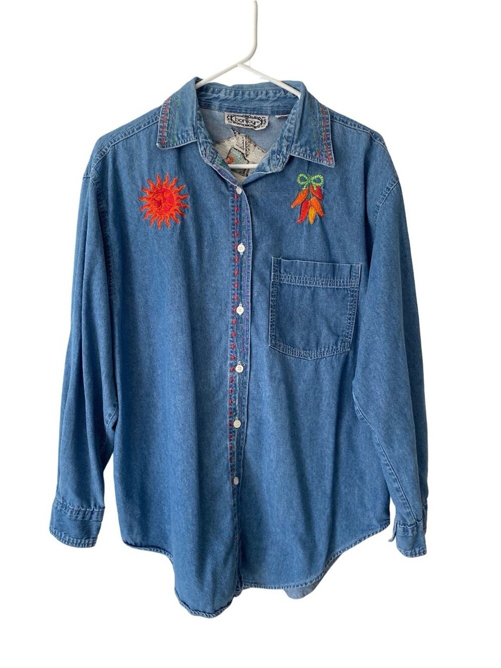 Vintage 90s Bonjour Grandma Core Embroidered Denim Button Down Shirt Medium Sun